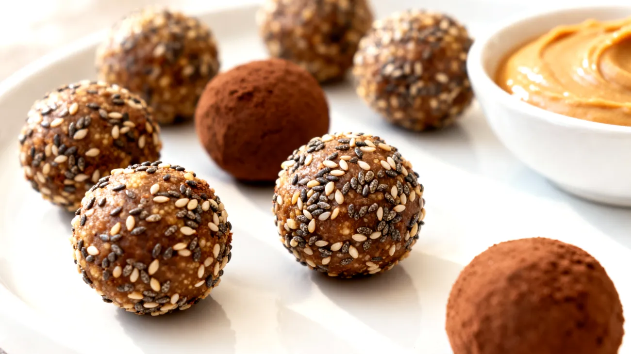 Amaranth-Kakao-Energiebällchen mit Chiasamen und Mandelbutter"