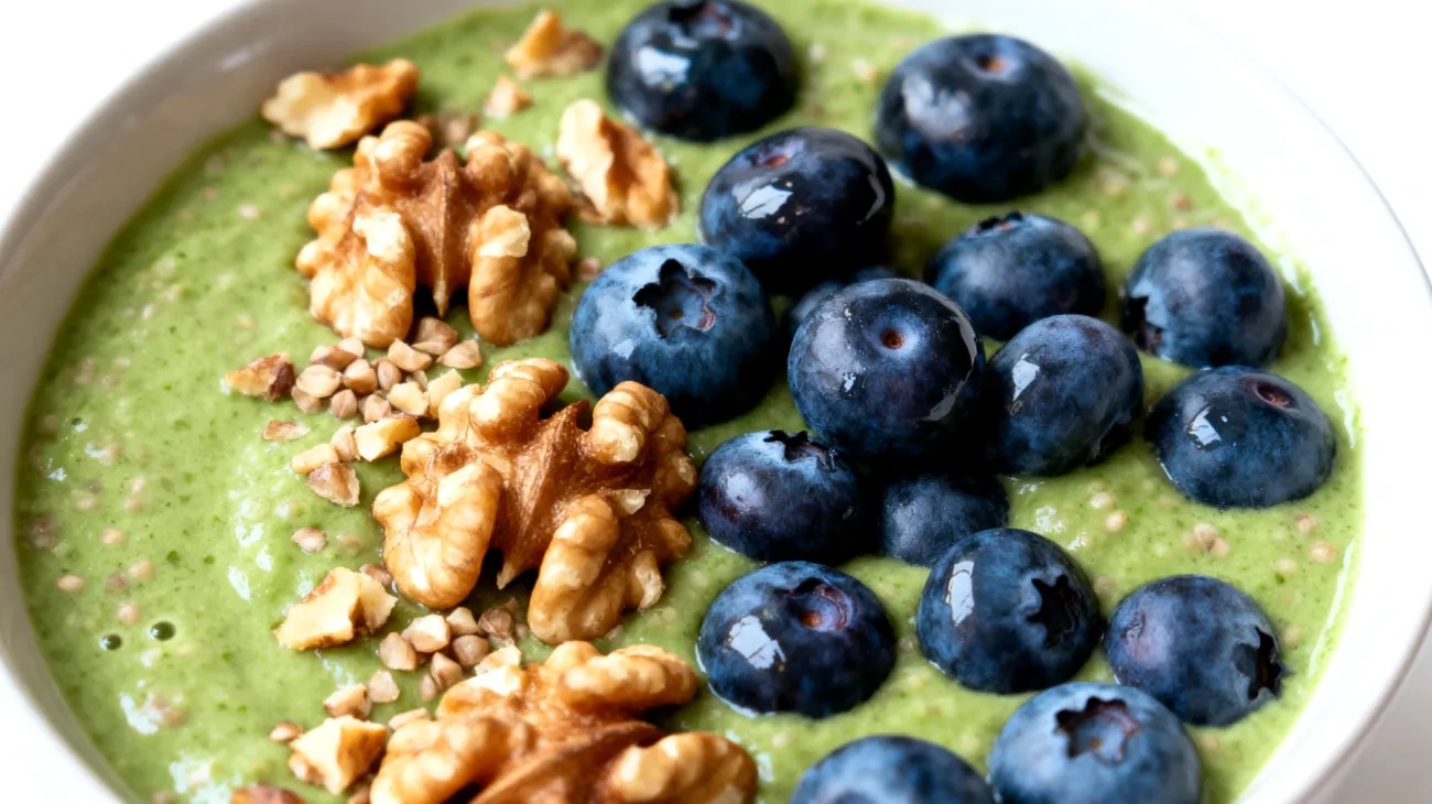 Buchweizen-Matcha-Bowl mit Walnüssen und Heidelbeeren"