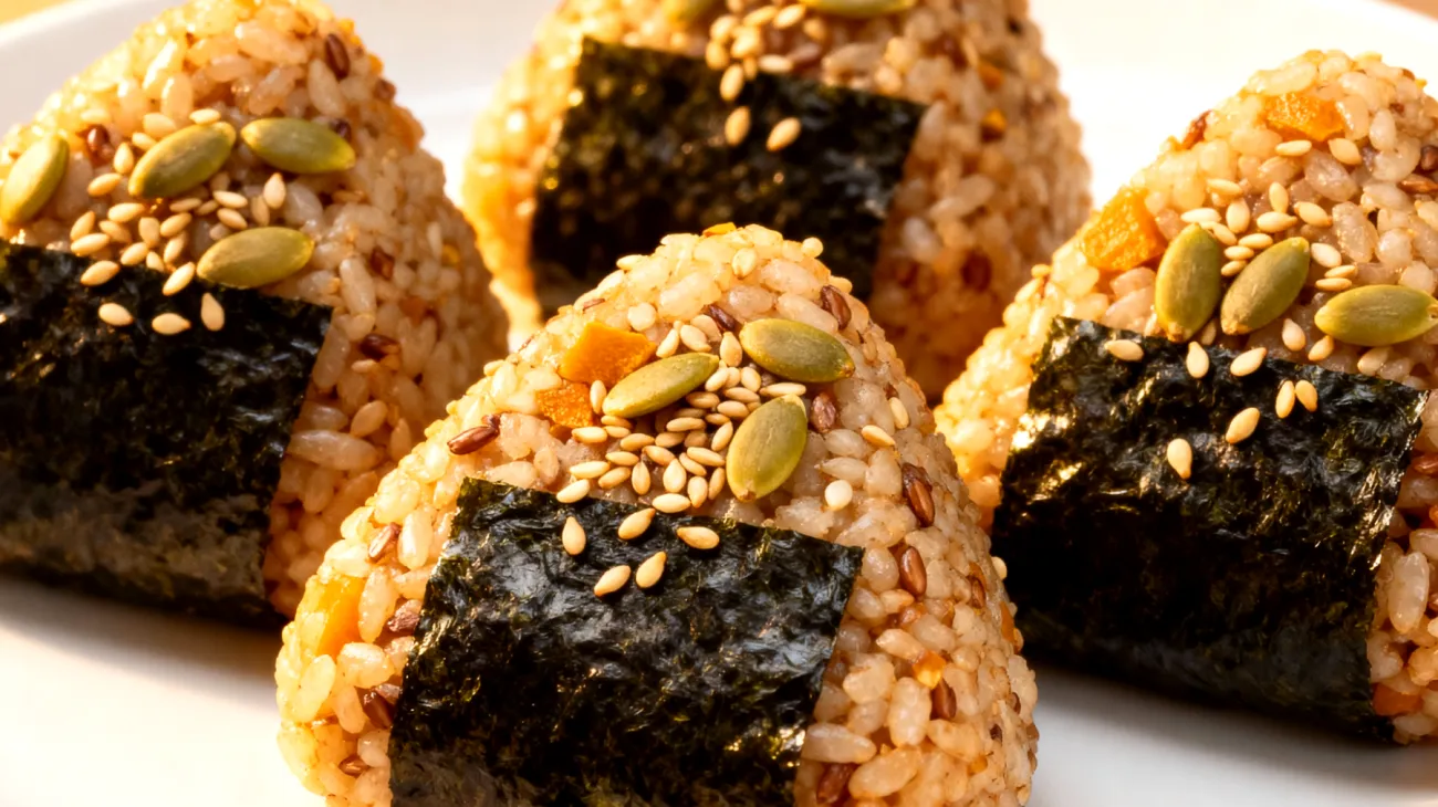 Buchweizen-Nori-Onigiri mit Sesam und Kürbiskernen"