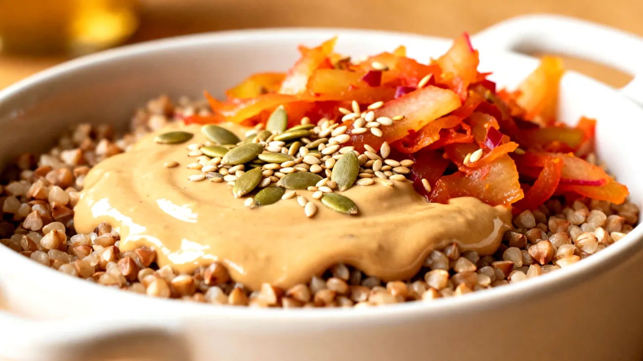 Buchweizen-Tahini-Bowl mit fermentierten Gemüse und Hanfsamen"