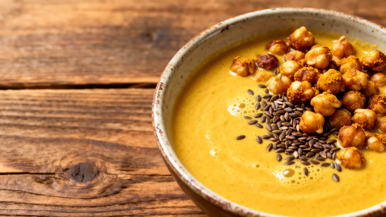 Goldene Milch-Bowl mit Kurkuma, Hanfsamen und gerösteten Kichererbsen"