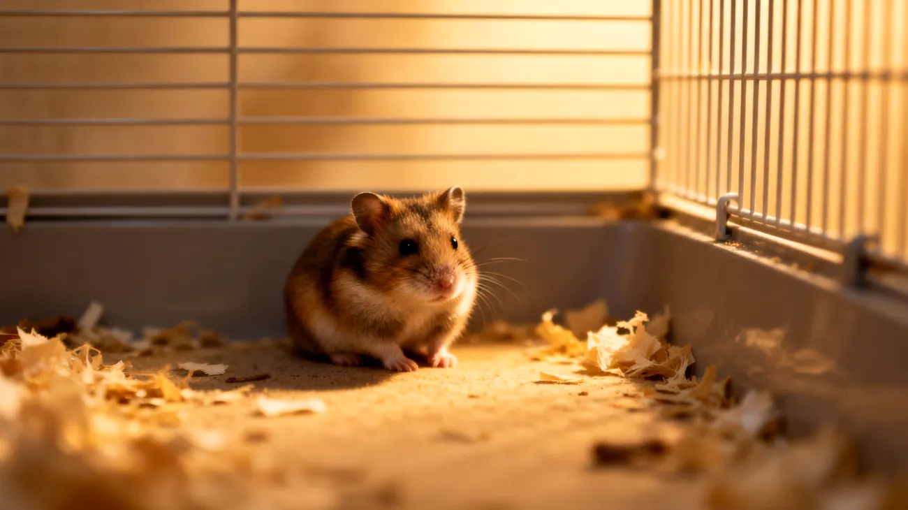 Ein junger Hamster zeigt Langeweile und Unruhe, da er nicht genügend altersgerechte Spielmöglichkeiten und Beschäftigungsaktivitäten hat, die seinem natürlichen Bewegungsdrang und seiner Neugier entsprechen"