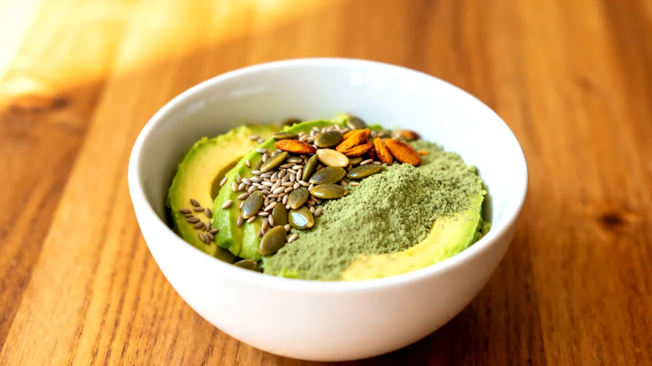 Hanfsamen-Avocado-Bowl mit gerösteten Kürbiskernen und Spirulina"
