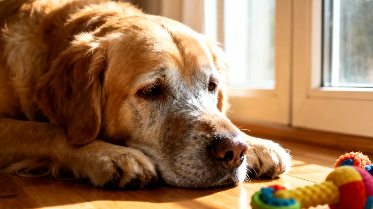 Ein älterer Hund zeigt zunehmend Desinteresse an Spielzeug und körperlichen Aktivitäten, wodurch geistige Stimulation und Bewegung abnehmen, was zu kognitiven Problemen und Muskelschwund führen kann"