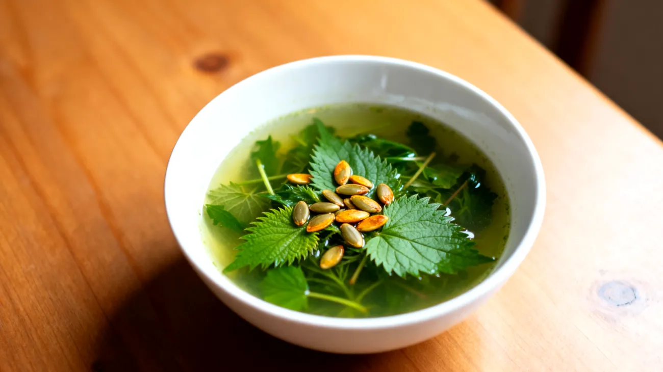 Löwenzahn-Brennnessel-Suppe mit Kürbiskernen"