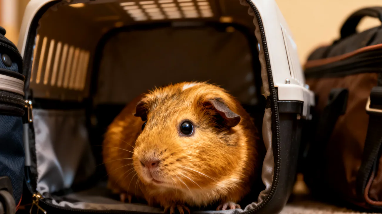 Meerschweinchen leiden während Reisen unter erheblichem Stress aufgrund der ungewohnten Umgebung, Transportgeräuschen und Bewegungen, was zu Appetitlosigkeit, Verstecken und gesundheitlichen Problemen führen kann"