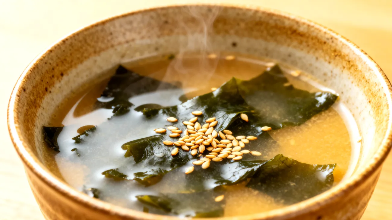 Miso-Suppe mit Wakame-Algen und geröstetem Sesam"