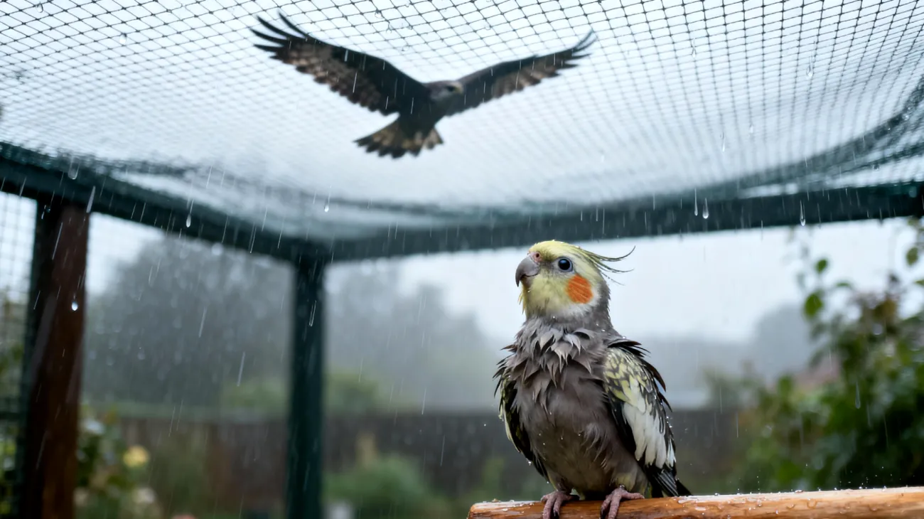 Nymphensittiche benötigen im Garten besonderen Schutz vor Raubvögeln, Wetterbedingungen und Fluchtgefahr, während sie gleichzeitig ausreichend Platz und Beschäftigung für ihr Wohlbefinden brauchen"