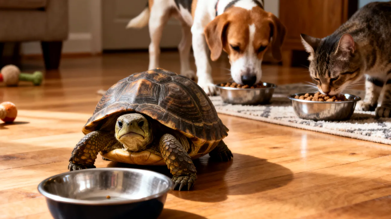 Eine Schildkröte zeigt Futterverweigerung und veränderte Essgewohnheiten beim Zusammenleben mit anderen Haustieren, möglicherweise aufgrund von Stress oder Konkurrenz um Nahrungsressourcen"