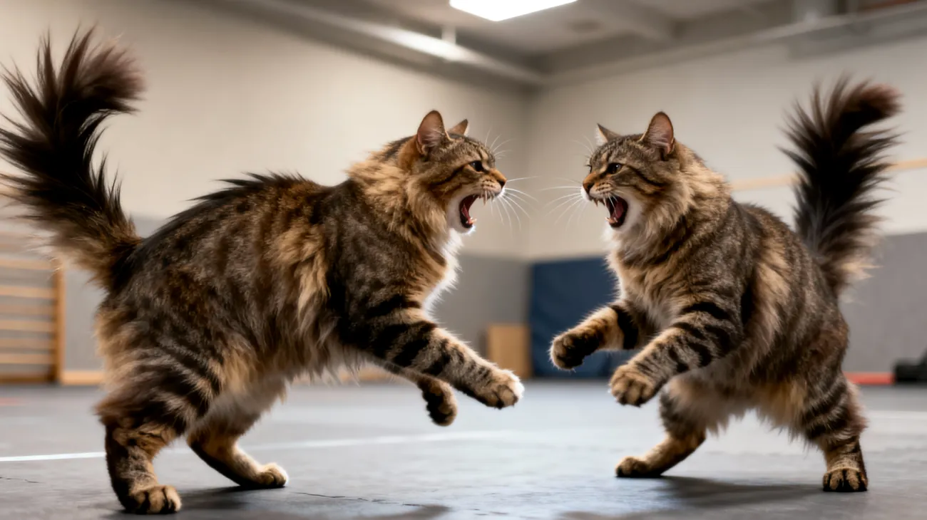 Aggressive Territoriumskämpfe und Dominanzverhalten zwischen Katzen beim Training, die zu Verletzungen und chronischem Stress führen können"