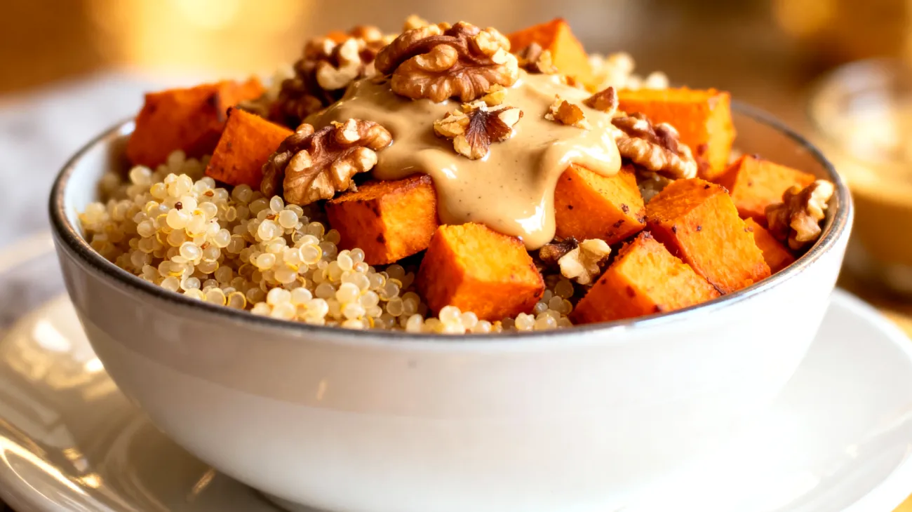 Quinoa-Süßkartoffel-Bowl mit gerösteten Walnüssen und Tahini-Dressing"