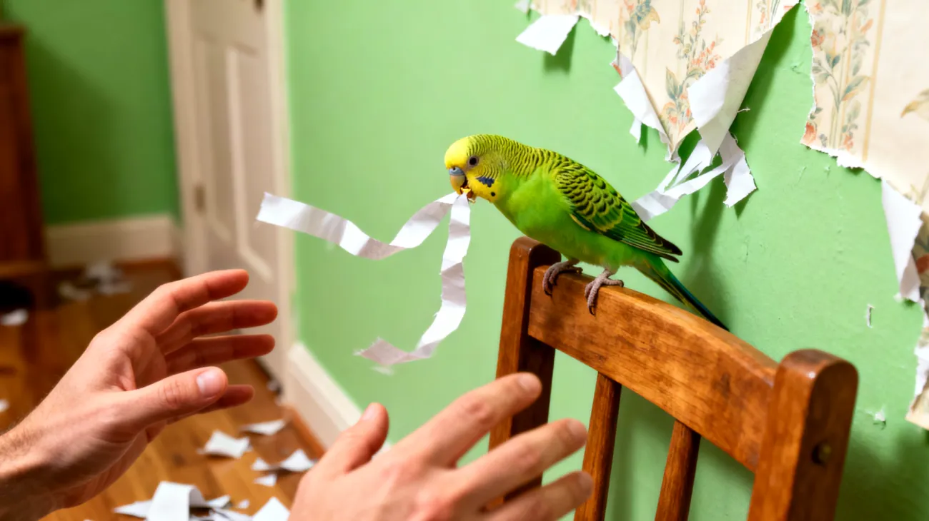 Wellensittiche zeigen destruktives Verhalten in der Wohnung durch übermäßiges Knabbern an Möbeln, Tapeten und Elektrokabeln, was sowohl für das Tier als auch für die Wohnungseinrichtung gefährlich werden kann"